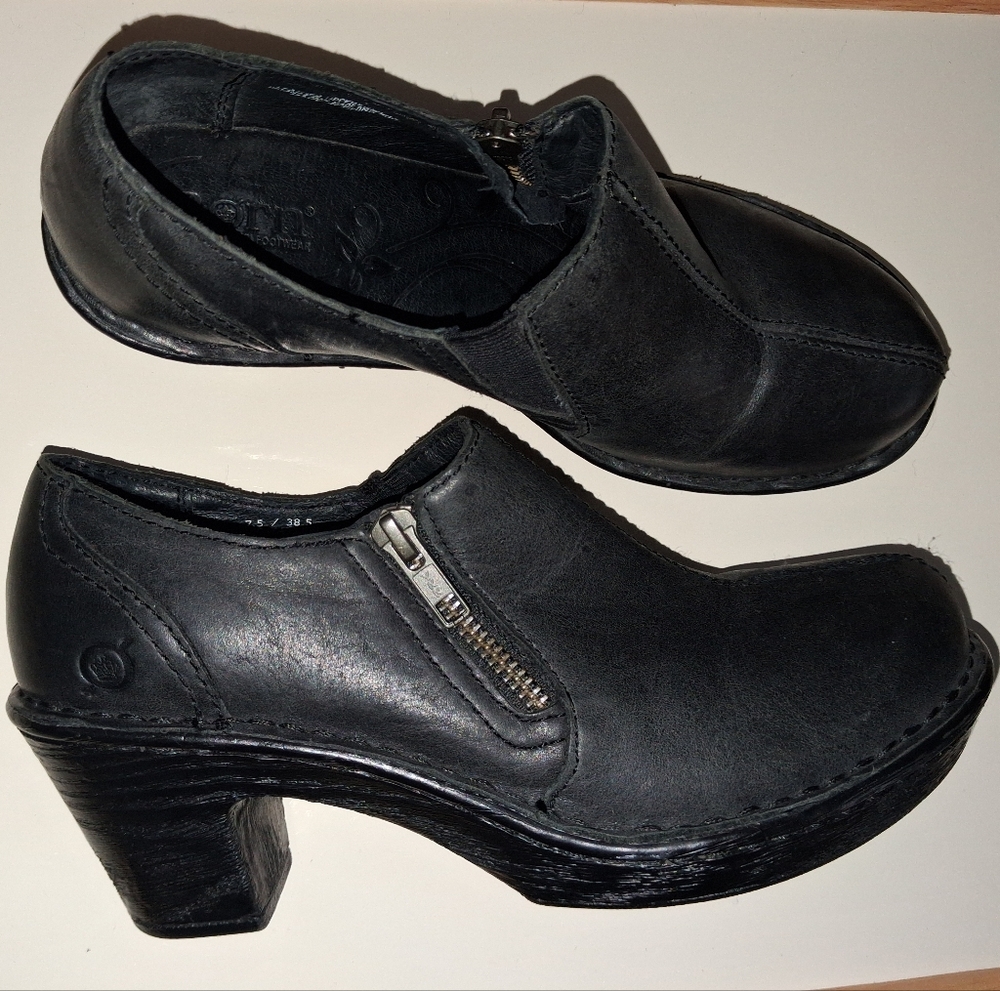 BORN Genuine SOFT Leather Clog Shoes - Black Slip On Side Zipper Womens Size 7.5 - Picture 4 of 16